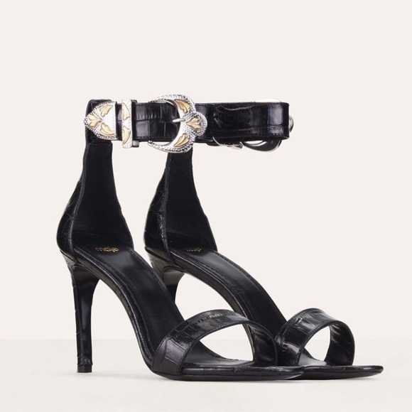 Maje Crocodile Embossed Buckle Heeled Sandals - Picture 12 of 13